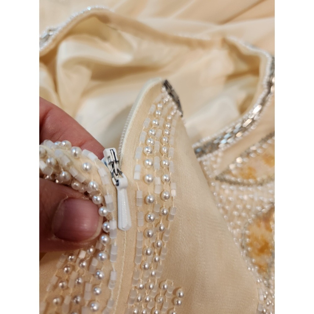 Vintage Hand Beaded Sequin Formal L Evening Gown Embellished Acetate Lined Dress - Picture 5 of 13